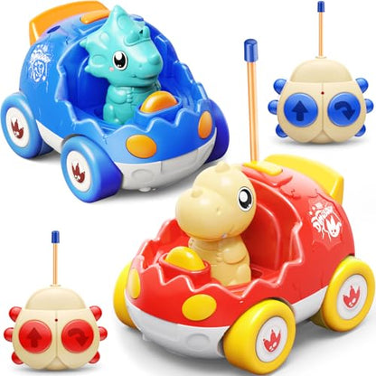 Kidz do 2 Pack Dinosaur Remote Control Cars Toys for Kids 2 3 4 5 Years Old, Christmas Birthday Gifts for Boys and Girls Ages 2-5, Dino Race Car Toddlers Toys with Music and Light(Red Blue) - color: Blue&red