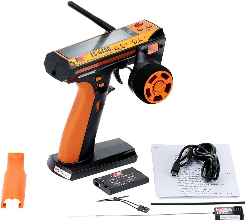 Flysky FS-GT3C RC Transmitter with FS-GR3E Receiver, 2.4GHz 3 Channel LCD Remote Controller and Receiver for RC Car Boat (Orange)