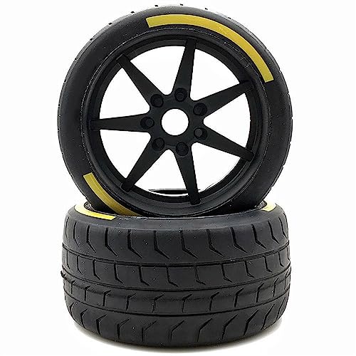 1/8 Scale RC Car Road Tires, 2 Pcs RC Car On Road tire Set with 17mm Hex RC Racing Car Wheel with Rim hub for 1/8 RC Racing Car Accessories (Color : 2 PCS Yellow Back) - color: 2 Pcs Yellow Back