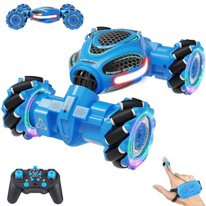 Gesture Sensing RC Stunt Car, Remote Control 2.4GHz 4WD Hand Controlled Car | Toys Gift for Boys and Girls Ages 6-12, 360° Rotating RC Cars with Lights and Music, Ideal Birthday and Xmas Gift - color: Blue