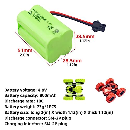 2PCS AA 4.8V 800mAh Charging Battery with SM-2P Plug and USB Charging Cable for 1/28 Stunt RC Car C128 1/28 NB2801 NB2802 NB2803 Double-Sided Rolling and Spinning Stunt Car Robot Electric Toy