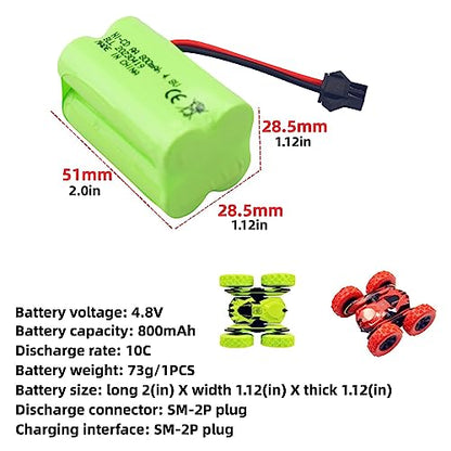 2PCS AA 4.8V 800mAh Charging Battery with SM-2P Plug and USB Charging Cable for 1/28 Stunt RC Car C128 1/28 NB2801 NB2802 NB2803 Double-Sided Rolling and Spinning Stunt Car Robot Electric Toy