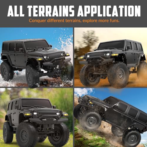 FLYCOLOR 1/24 RC Rock Crawler 4WD All Terrain Climbing Truck RTR Black | Metal Gear Full Ball Bearing LED Headlight 2 Batteries 40min Hobby Grade Waterproof Offroad Monster Truck Remote Control Car - color: Black