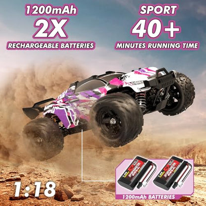 Pink Remote Control Car for Girls, 1:18 Fast rc Cars for Girls with 40+ KM/H 4WD Off-Road rc Truck, Includes 2 Rechargeable Batteries, 8 9 10 11 12 13 Year Old Girl Gifts - color: Pink