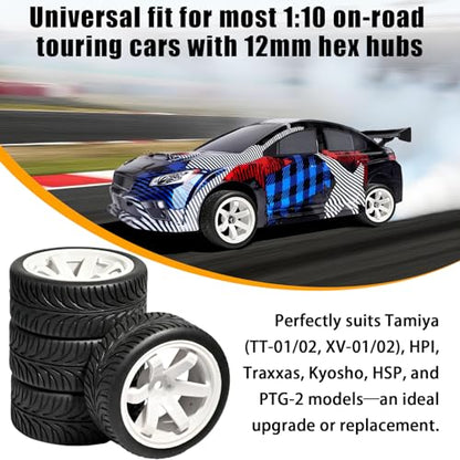 OD 2.55" On Road Rubber Tires Plastic Wheel Rims 12mm Hex for 1/10 RC Car | Compatible with MJX HSP Tamiya HPI Kyosho Traxxas Sakura Redcat WLtoys 1/10 RC On-Road Racing Touring Car (4pcs, White) - style: E-White
