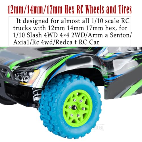 RC F/R Wheels and Tires Set w/Detachable Replace Running on Off-Road Tire RC Wheel Hex for 1/10 Slash 4WD 4×4 2WD/Arrm a Senton/Axia1/Rc 4wd/Redca t,12mm/14mm/17mm Hex,Green-Navy Blue（4PCS - color: Green-navy Blue(rc Wheels Tires)