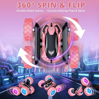 Remote Control Car, 2.4GHz RC Stunt Car, Double Sided Rotating RC Cars | LED Headlight & LED Wheel, 360° Flips High Speed Off Road RC Crawler Xmas Gift for 5 6 7 8-12 Year Old Girls Toys (Pink) - color: Pink