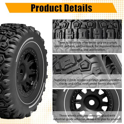Pre-glued 64mm Wheels &Tires with 12mm Hex for 1/14 Truck, Black | Rubber Tire and Nylon Rim for ARRMA Mojave GROM, HPI, Traxxas Slash, Tamiya, Toyota, WLtoy 1/14 1/16 1/18 RC On/Off-Road Car - color: Black