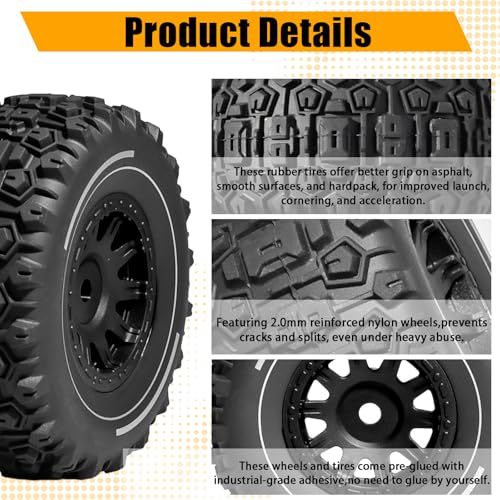 Pre-glued 64mm Wheels &Tires with 12mm Hex for 1/14 Truck, Black | Rubber Tire and Nylon Rim for ARRMA Mojave GROM, HPI, Traxxas Slash, Tamiya, Toyota, WLtoy 1/14 1/16 1/18 RC On/Off-Road Car - color: Black