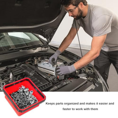 Collapsible Magnetic Parts Tray, 4.5" Square Metal Parts Organizer with Dual-Sided Magnetic Base, Foldable Tools Tray Silicone Storage Bowl for Screws Bolts Nuts Washers Pins (Red) - color: Red
