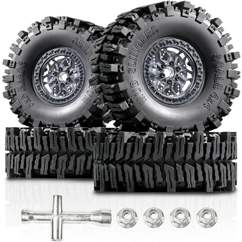 2.2 RC Crawler Tires Wheels Set, Mud Terrain Tires with Aluminum Beadlock Rims Brake Discs, 12mm Hex 5.5mm Positive Offset for Axial SCX10 SCX10 II III Pro Traxxas TRX4 TRX6 Redcat Gen8 VS4-10 - color: Titanium
