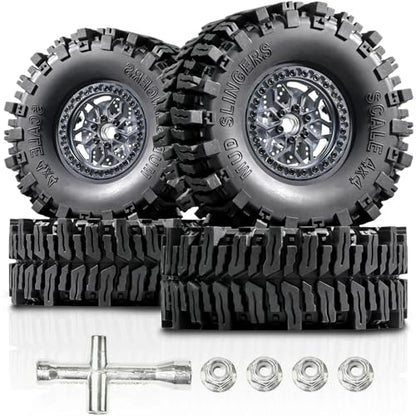 2.2 RC Crawler Tires Wheels Set, Mud Terrain Tires with Aluminum Beadlock Rims Brake Discs, 12mm Hex 5.5mm Positive Offset for Axial SCX10 SCX10 II III Pro Traxxas TRX4 TRX6 Redcat Gen8 VS4-10 - color: Titanium