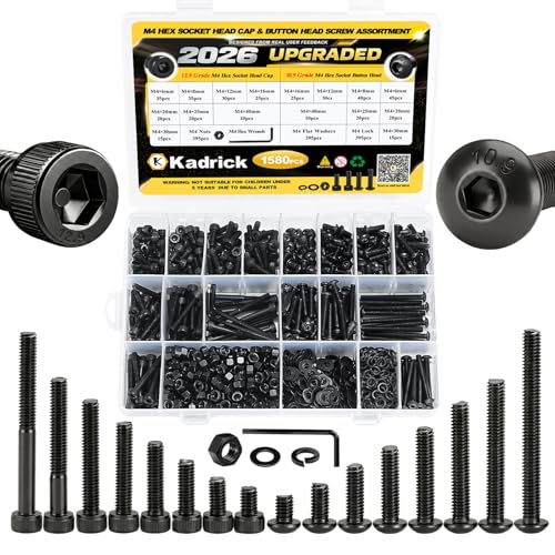 KADRICK 1580PCS M4 Screws Assortment,Hex Socket Button & Cap Head | M4 Screws Length from 6MM-40MM,Screws with Flat & Lock Washers Nuts,Class 10.9 Alloy Steel,Black Oxide Finish - size: M4 1580Pcs 6-40mm