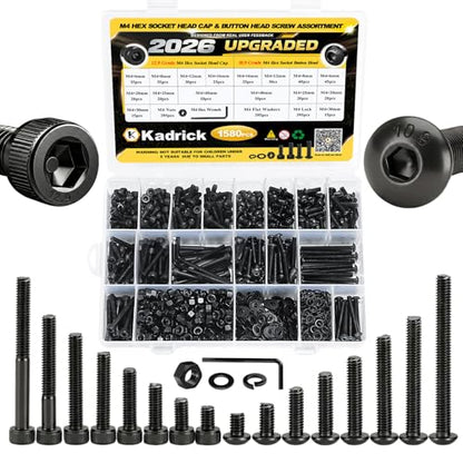 KADRICK 1580PCS M4 Screws Assortment,Hex Socket Button & Cap Head | M4 Screws Length from 6MM-40MM,Screws with Flat & Lock Washers Nuts,Class 10.9 Alloy Steel,Black Oxide Finish - size: M4 1580Pcs 6-40mm