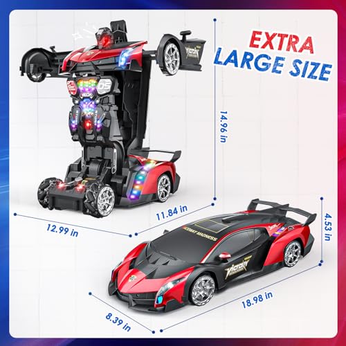 Holyton 1:10 Transforming RC Car, Large Remote Control Car | One-Button Transform to Robot, 2.4GHz Remote Control, Gesture Sensing, LED Lights, 80-Min Playtime, Gift for Kids Ages 5-12 - color: Red