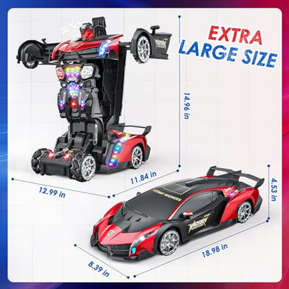 Holyton 1:10 Transforming RC Car, Large Remote Control Car | One-Button Transform to Robot, 2.4GHz Remote Control, Gesture Sensing, LED Lights, 80-Min Playtime, Gift for Kids Ages 5-12 - color: Red
