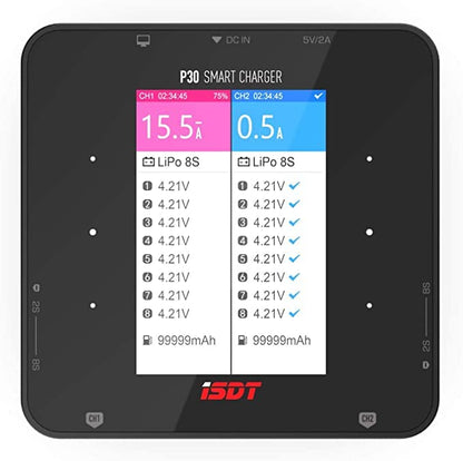 ISDT P30 1000WX2 30AX2 Power Dual Channel Snychronous Bluetooth BattGo Lipo Battery Balance Charger Discharger for 1-8S Li-ion Life NiCd NiMH LiHV PB Smart Battery