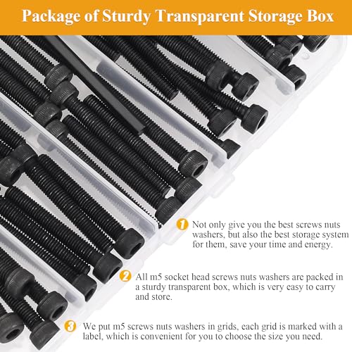 M5 Black Screws, Nuts & Washers Set - 95 Pieces, 12.9 Grade Alloy Steel, Fully Threaded, 30/35/40/45/50mm Hex Socket Head Cap Screws - size: M5 x 30-50mm, style: Socket Head