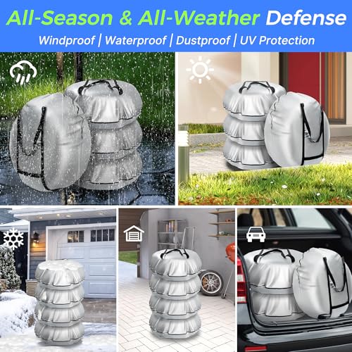 Seasonal Tire Cover- Tire Storage Bag with Handle, Heavy Duty 420D Oxford Tire Totes, UV Waterproof Spare Tire Cover, Portable Wheel Storage Cover Against Dust and Scratches, 4 Pack (Fits up to 25.6")