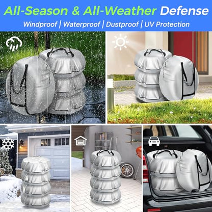 Seasonal Tire Cover- Tire Storage Bag with Handle, Heavy Duty 420D Oxford Tire Totes, UV Waterproof Spare Tire Cover, Portable Wheel Storage Cover Against Dust and Scratches, 4 Pack (Fits up to 25.6")