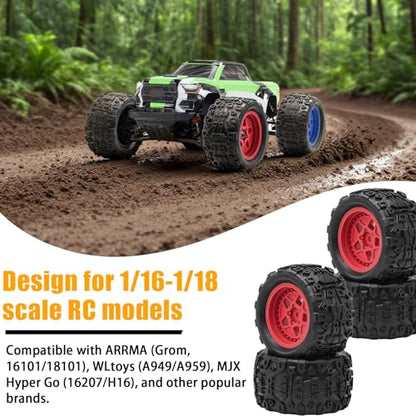 Pre-Glued 1/16 & 1/18 RC Monster Truck Rubber Tire & Nylon Wheel - 12mm Hex | Rubber Tires with Foam Fits for ARRMA 1/18 Granite/Typhon Grom, WLtoys A949, MJX Hyper Go H16 (4PCS, Red) - color: Red