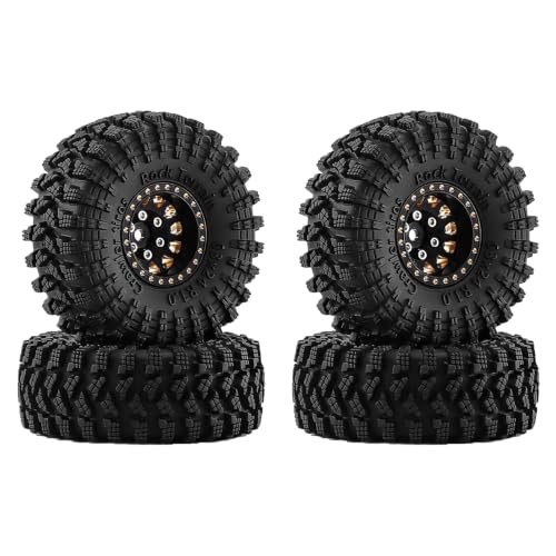 1.0" Beadlock Brass Wheels and 63mm Tires for SCX24 TRX4M | 7mm Hex, Soft Rubber Tires with Foam Lining, 1/18 1/24 RC Crawler Upgrade Parts - color: Brass Black