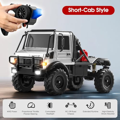RC Semi Truck, 1:18 Scale RC Crawler, MN-333 Remote Control Car, 2.4GHz 4WD All Terrain Off Road RC Truck Transport Vehicle with LED Lights and 2 Batteries for Adults (Silver) - color: Silver