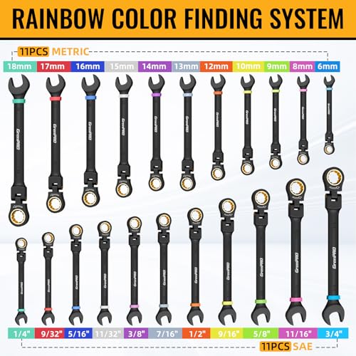 GRENPRO 23PC Flex Head Ratcheting Wrench Set SAE & Metric Combination Sets | 1/4"-3/4"&6-18mm Bolt Gauge, Electro-Coated 72-Tooth 180° Open End 12Pt, Color Rings, Roll Pouch for Auto&Home Repair - style: Flex Head Ratcheting Wrench Set with Color Ring (Me