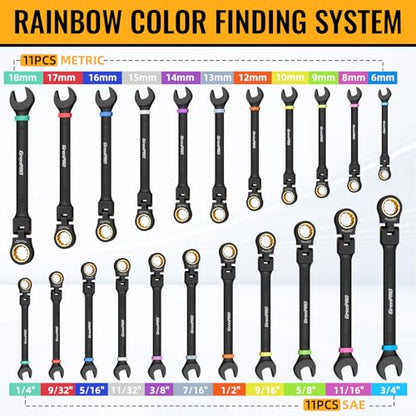 GRENPRO 23PC Flex Head Ratcheting Wrench Set SAE & Metric Combination Sets | 1/4"-3/4"&6-18mm Bolt Gauge, Electro-Coated 72-Tooth 180° Open End 12Pt, Color Rings, Roll Pouch for Auto&Home Repair - style: Flex Head Ratcheting Wrench Set with Color Ring (Me