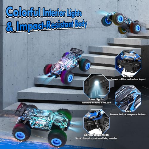 Remote Control Car, Rechargeable 1:18 Rc Cars, All-Terrain RC Truck | Remote Control Truck for Boys 4-7 8-12 with LED Light, 20KM/H, 2WD, 2.4GHz, Sturdy PVC Shell, Beginner-Blue - color: Blue