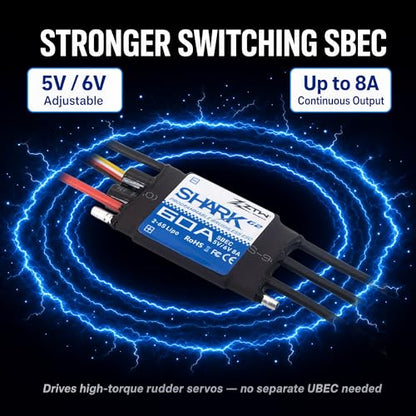 ZTW Shark G2 60A ESC 2-6S Built-in Swithcing BEC 5V/6V 8A Water-Cooling Bidirectional Waterproof Brushless Speed Controller for RC Boat Marine - size: 60A