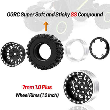 OGRC 1.3" Wheel and Tires 7mm Offset Beadlock Wheels for 1/24 1/18 RC Car | Aluminum, 7mm Hex, Soft and Sticky Tires, for TRX4M SCX24 RC Carwler Car, Black - color: Black