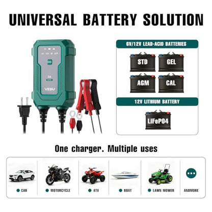 Smart 2A 6V/12V Battery Charger Maintainer - Auto Desulfator & Winter Mode for Deeply Discharged Lead-Acid & LiFePO4 Batteries - Perfect for Motorcycle, Car, Boat, RV, ATV - size: 2A