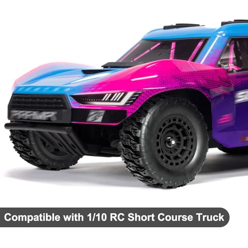 Pre-Glued 12mm Hex RC Wheels and Tires for 1/10 RC Short Course Truck, 4PCS | Compatible with 1/10 Arrma Senton Traxxas Slash Axial Losi Axial Redcat - color: Black Tires A+ Black Wheels