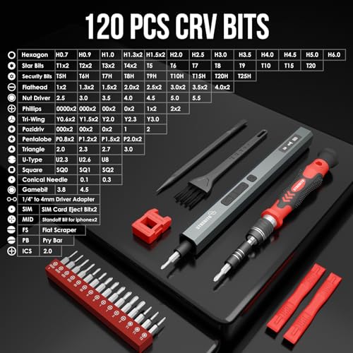 STREBITO 144-Piece Upgraded Electric Screwdriver | Max 0.7 N.m, 120 Magnetic Bits, 5-gear Torque Adjustment, Precision Screwdriver Set, Repair Tool Kit for Electronics and PC - color: Upgraded-red