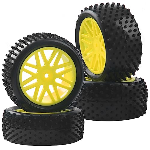 16-Spoke OD 86mm/3.38'' 16-Spoke 12mm Hex Hub Wheel Rims & Rubber Tires Compatible with Redcat Tornado HPI HSP Kyosho Losi 1/10 Scale Off Road Buggy (Yellow) - color: Yellow