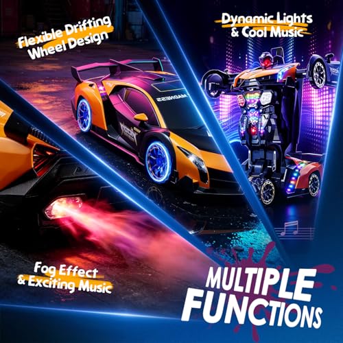 Holyton 1:10 Transforming RC Car, Large Remote Control Car | One-Button Transform to Robot, 2.4GHz Remote Control, Gesture Sensing, LED Lights, 80-Min Playtime, Gift for Kids Ages 5-12 - color: Frosted Gold
