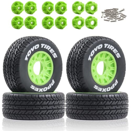 1/10 1/8 RC Short Course Truck Tires OD 4.33" and Wheels 12mm 14mm 17mm Hex for 1:8 1:10 Scale Off Road Truck Car Traxxas Slash 2WD 4×4 Rc4wd Arrma Senton Axial Losi Redcat 4PCS (Green) - color: Green