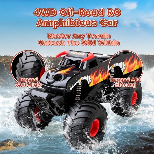 Waterproof Monster Truck Remote Control Car, 1:16 Bigger Amphibious RC Cars Toys, Long Battery 4WD All Terrain Off-Road Vehicle for 6 7 8 9 10 11 12+ Boys Girls Kids Ideal Birthday