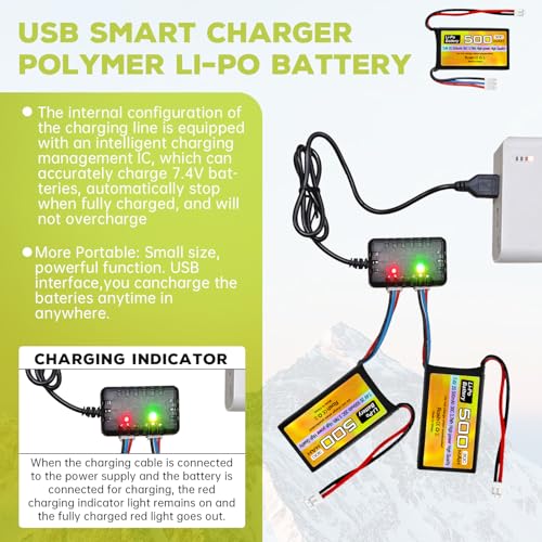 2PCS 7.4V 500mAh 30C Lipo Battery RC Car Drone Battery with PH2.0 Plug with 2-in-1 Charger for AX24 SCX24 RC Car Model Batteries Compatible with Most 1/10, 1/16, 1/18, 1/24 Scale RC Cars Trucks