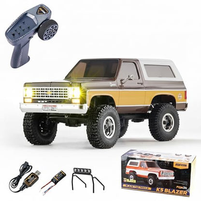 FMS FCX24S 1/24 RC Crawler Chevy K5 S Blazer Officially Licensed, Mini RC Car Pick Up Truck and SUV 2 in 1, 4WD 2 Speeds Switch,Off-Road 4x4 RC Model with LED Lights for Adults and Beginner(Brown) - color: Brown