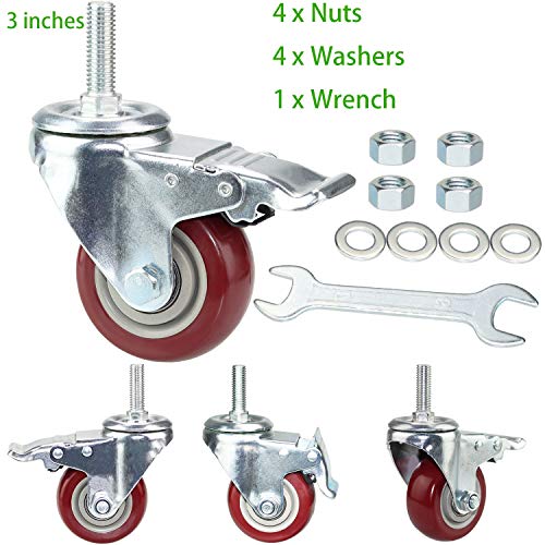 3 Inch Swivel Stem Casters Heavy Duty American Size UNC 1/2"-13x1-1/2 Stem Thread Wheels 360 Degree Durable Wheels Dual Safety Locks Castors with 600 Lbs Capacity Pack of Four - color: Red, size: 3 Inch
