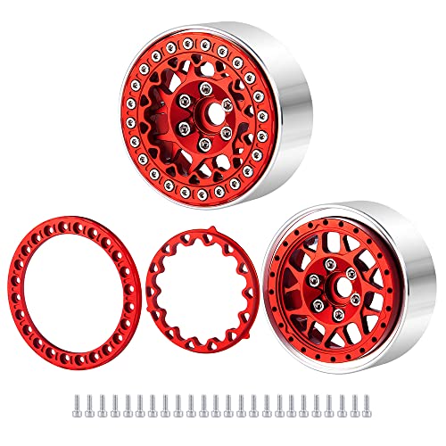 RCLIONS 1.9inch Beadlock Wheels Aluminum Rims for 1/10th RC Crawler Car - color: Red