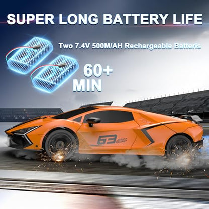 Remote Control Car RC Drift Car 1:16 Scale 4WD 18KM/H High Speed Model Vehicle 2.4GHz with LED Lights Spray Rubber Tire Racing Sport Toy for Adults Boys Girls Kids Gift 2Pcs Rechargeable Batteries - color: Orange