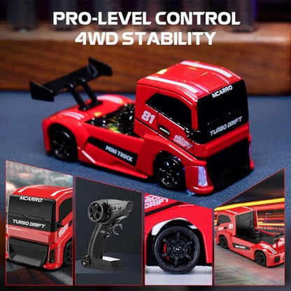 ARRIS 1/87 Micro Desktop RC Drift Car 4WD with Semi-Proportional Control | 12-Step Baked Paint, LED Lights, High Detail Scale Model, Pocket Size Fun - color: Blaze Red
