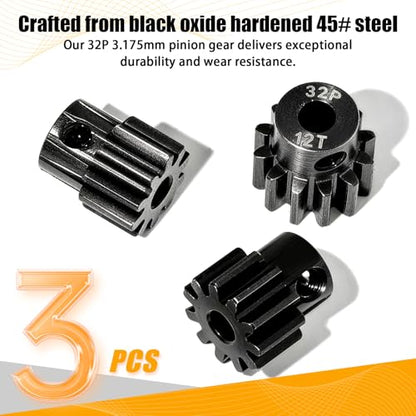 3PCS 32P Pinion Gear #45 Hardened Steel 3.175mm - 10T 11T 12T 0.8M Motor Pinion Gear Set for 1/10 RC Car, Compatible with Traxxas Arrma Tamiya Losi Brushless Brushed Motor Upgrade Parts - size: 10 11 12T