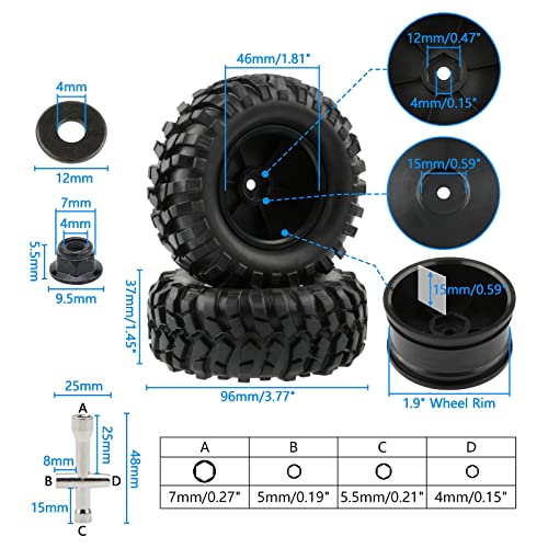 4pcs 1/10 Wheels and Tires with Lock Nuts Washers Wrench, 12mm Hex Hard Dish Wheel for Racing Off Road Buggy Truck Rock Crawler RC4WD Tamiya MST HSP CR12