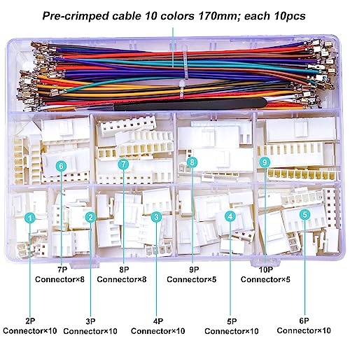 JST Connector Kit 3.96mm Pitch JST-VH 3.96 Female Connector with Premium 20AWG Pre-Crimped Cables,VH 3.96mm Connector 2/3/4/5/6/7/8/9/10 Pin Female Housing (VH-MM-Kit) - size: JST-3.96MM-VH