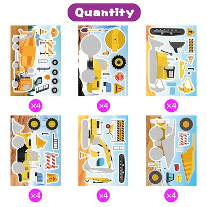24 Sheets Make Your Own Construction Vehicle Stickers, Make-a-face Stickers | Engineering Vehicles Stickers for Kids Boys, Fire Trucks Excavator Construction for Kids Construction Themed Party Favors - style: Construction Vehicle