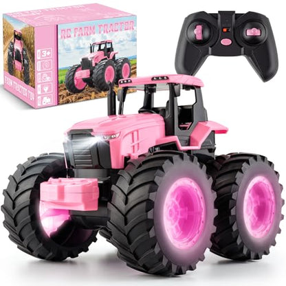 BAYSING Remote Control Monster Tractor Toy, Pink Light Up Monster Truck Toy | LED Lights Toddlers RC Farm Vehicle for 3, 4, 5, 6, 7 years old Boys ＆ Girls Ideal Christmas, Birthday Gifts for Kids - color: Pink